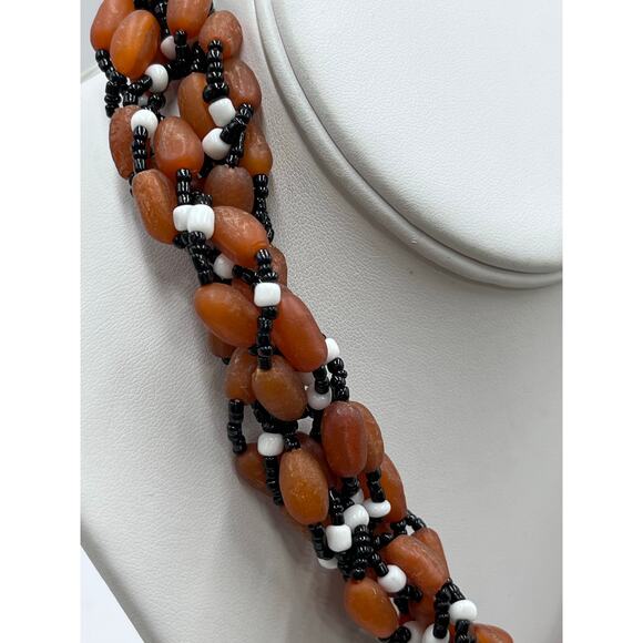 Vintage‎ Orange Black White Beads Twisted Multi-strand Bumpy Beaded Necklace - Picture 6 of 7